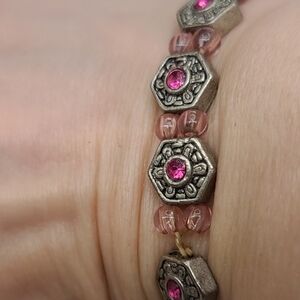 Pink & Silver Tone Beaded Stretchy Bracelet